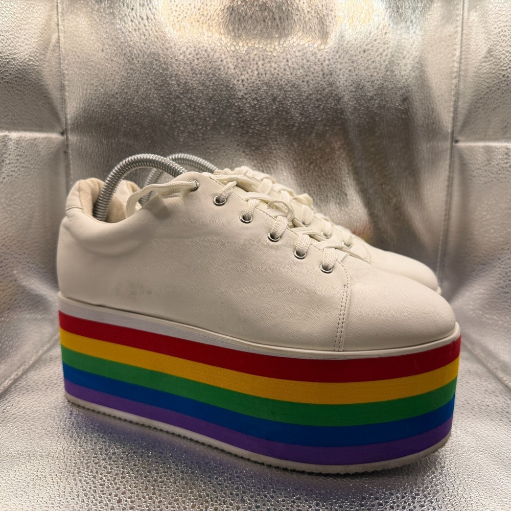 Size 9 Nyla Rainbow830 White Womens Comfort Festival Lace-Up Platform Sneakers